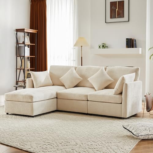 VICONELISE Modernes Design, Chenille-Stoffsofa, Dreisitzer-Sofa, Viersitzer-Sofa, L-förmiges Ecksofa mit Fußhocker, geeignet für Wohnungen, Video verfügbar von VICONELISE