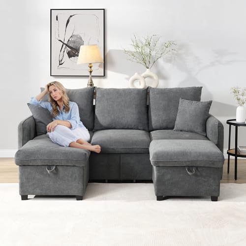 VICONELISE Multifunktionale Ecksofa U-Form-Dreisitzer Polster-Sofa mit Staufunktion – Inklusive Schubladen + Hocker mit Staufach, modular zerlegbares Sofa-Set mit Schlaffunktion, Chenille-Bezug VICONELISE Multifunktionale Ecksofa U-Form-Dreisitzer Polster-Sofa mit Staufunktion – Inklusive Schubladen + Hocker mit Staufach, modular zerlegbares Sofa-Set mit Schlaffunktion, Chenille-Bezug von VICONELISE