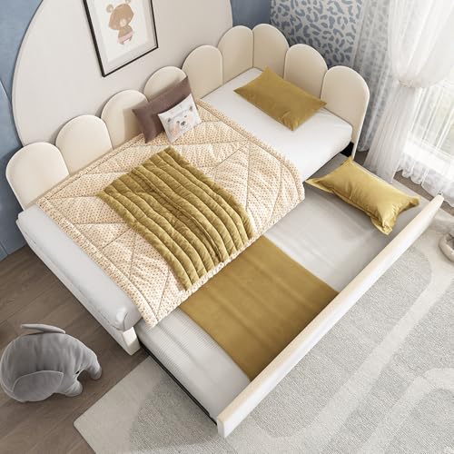 VICONELISE Polsterbett Daybett 90x200cm,Tagesbett Schlafsofa mit Ausziehbett 90x190cm, Kinderbett mit Lattenrost, Samt,Beige, ohne Matratze von VICONELISE