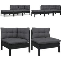 3-tlg. Garten-Lounge-Set mit Kissen Schwarz Kiefer Massivholz - Gartensessel - Lounge Set - Gartenmöbel - Rattan Möbel - Kiefernholzmöbel - Home & von VIDAXL