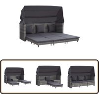 Ausziehbares 3-Sitzer-Schlafsofa mit Dach Poly Rattan Grau - Gartenschlafcouch - Outdoor Couch - Rattan Möbel - Gartenmöbel - Lounge Sofa von VIDAXL