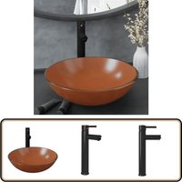 Badezimmer Waschbecken mit Wasserhahn und Ablaufgarnitur Braun - Rundes Waschbecken - Glas Waschbecken - Designer Waschbecken - Braunes Waschbecken Badezimmer Waschbecken mit Wasserhahn und Ablaufgarnitur Braun - Rundes Waschbecken - Glas Waschbecken - Designer Waschbecken - Braunes Waschbecken von VIDAXL
