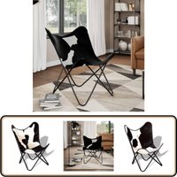 Butterfly-Sessel Schwarz und Weiß Echtes Kuhfell - Butterfly Sessel - Vintage Sessel - Ledersessel - Designerstuhl - Lounge Sessel von VIDAXL