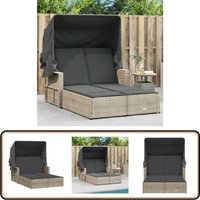 Doppel-Sonnenliege mit Dach und Auflagen Hellgrau Poly Rattan - Doppelsonneliege - Gartenliege - Sonnenschirm - Outdoor Liege - Relaxliege von VIDAXL
