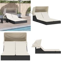 Doppel-Sonnenliege mit Dach und Auflagen Schwarz Poly Rattan - Doppelsonneliege - Gartenliege - Sonnenschirm - Outdoor Liege - Poolliege - Home & von VIDAXL