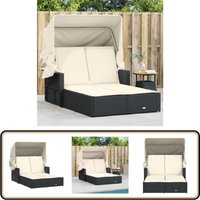 Doppel-Sonnenliege mit Dach und Auflagen Schwarz Poly Rattan - Doppelsonneliege - Liege - Gartenmöbel - Outdoormöbel - Pool Accessoire von VIDAXL