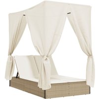 Doppel-Sonnenliege mit Dach und Vorhängen Beige Poly Rattan vidaXL von VIDAXL