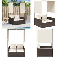 Doppel-Sonnenliege mit Dach und Vorhängen Braun Poly Rattan - Doppelsonneliege - Gartenliege - Sonnenschirm - Outdoor Möbel - Lounge Chair - Home & von VIDAXL