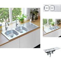 Küchenspülen & Spülbecken - Living Küchenspüle Doppelbecken mit Sieb & Siphon Edelstahl - Silber von VIDAXL