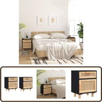 Nachttische 2 Stk. Schwarz Massivholz Kiefer und Natur-Rattan - Nachttisch - Wohnzimmerdeko - Schlafzimmermöbel - Sideboard - Kommode von VIDAXL