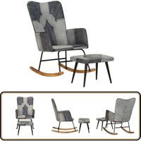 Schaukelstuhl mit Fußhocker Grau Echtleder und Canvas - Schaukelstuhl - Echtleder - Loungesessel - Gartenstuhl - Esszimmerstuhl von VIDAXL