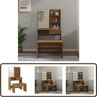 Schminktisch-Set mit led Braun Eichen-Optik Holzwerkstoff - Schminktisch - Kosmetiktisch - Makeup Tisch - Vanity Set - Leder Schreibtisch von VIDAXL