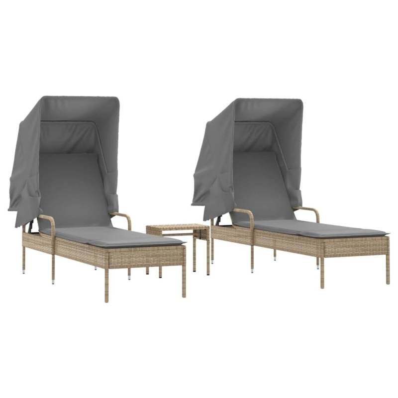 VidaXL Sonnenliegen 2 Stk. mit Dach und Tisch Beige Poly Rattan 62 x 200 x 130 cm von VIDAXL