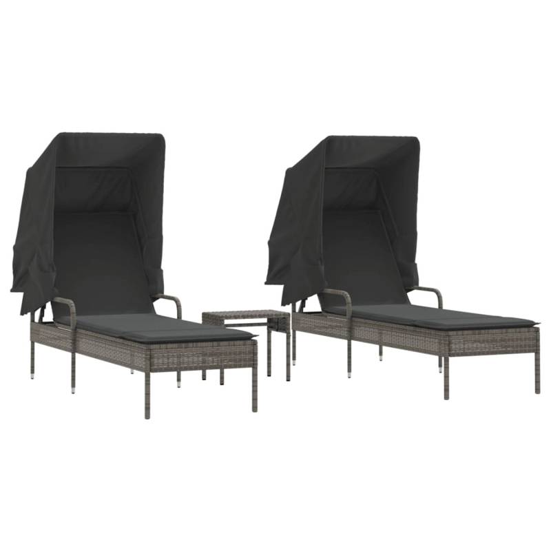 VidaXL Sonnenliegen 2 Stk. mit Dach und Tisch Grau Poly Rattan von VIDAXL
