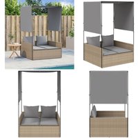Doppel-Sonnenliege mit Dach und Vorhängen Beige Poly Rattan - Doppel-Sonnenliege - Gartenliege - Lounge Möbel - Outdoor Möbel - Sonnenschirm - Home & von VIDAXL
