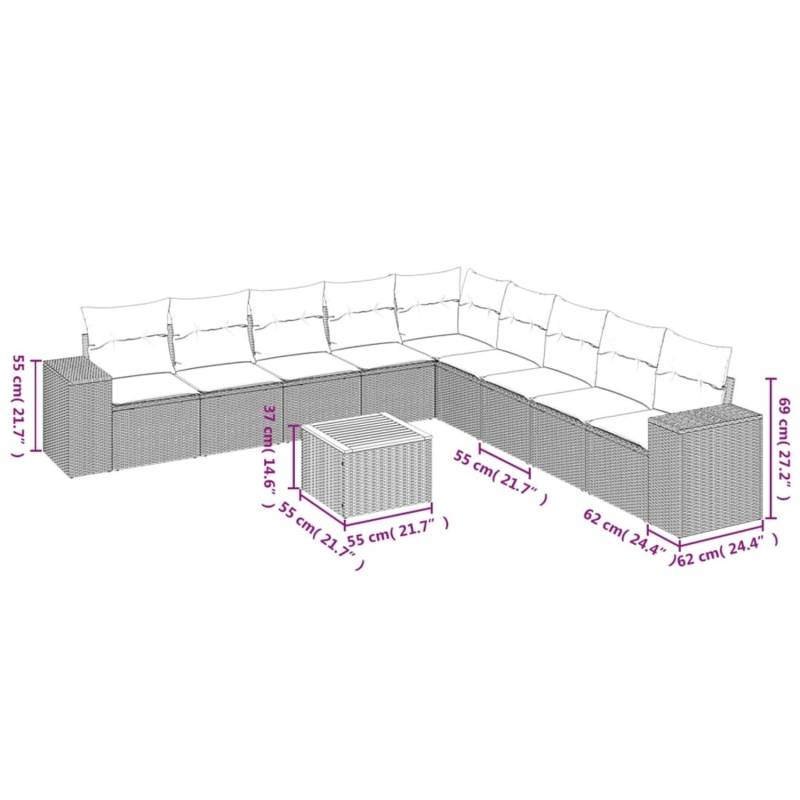 vidaXL 10-tlg Garten-Sofagarnitur mit Kissen Grau Poly Rattan Modell 58 von VIDAXL