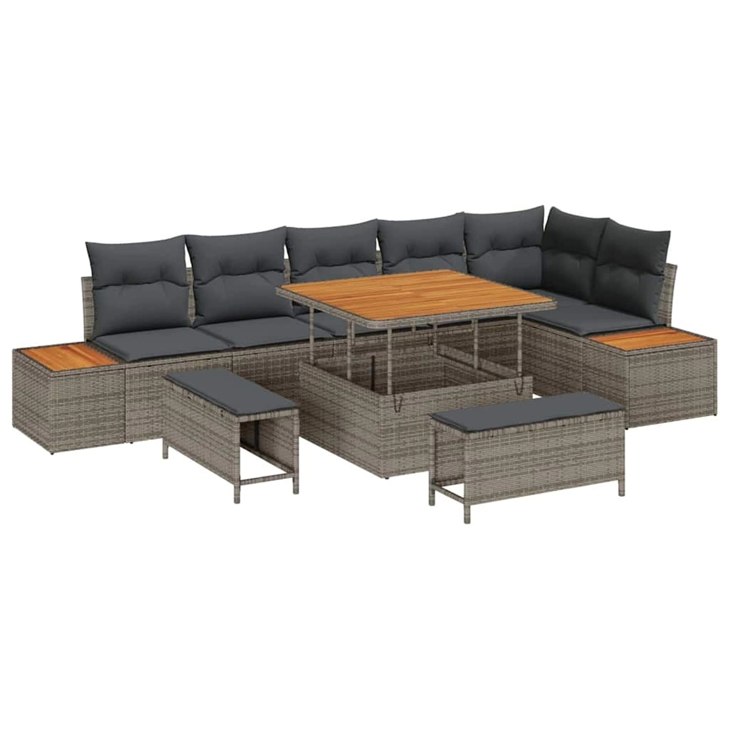 vidaXL 9-Teiliges Garten-Sofa-Set mit Kissen in Grau aus Poly Rattan und Akazienholz 3362928 von VIDAXL