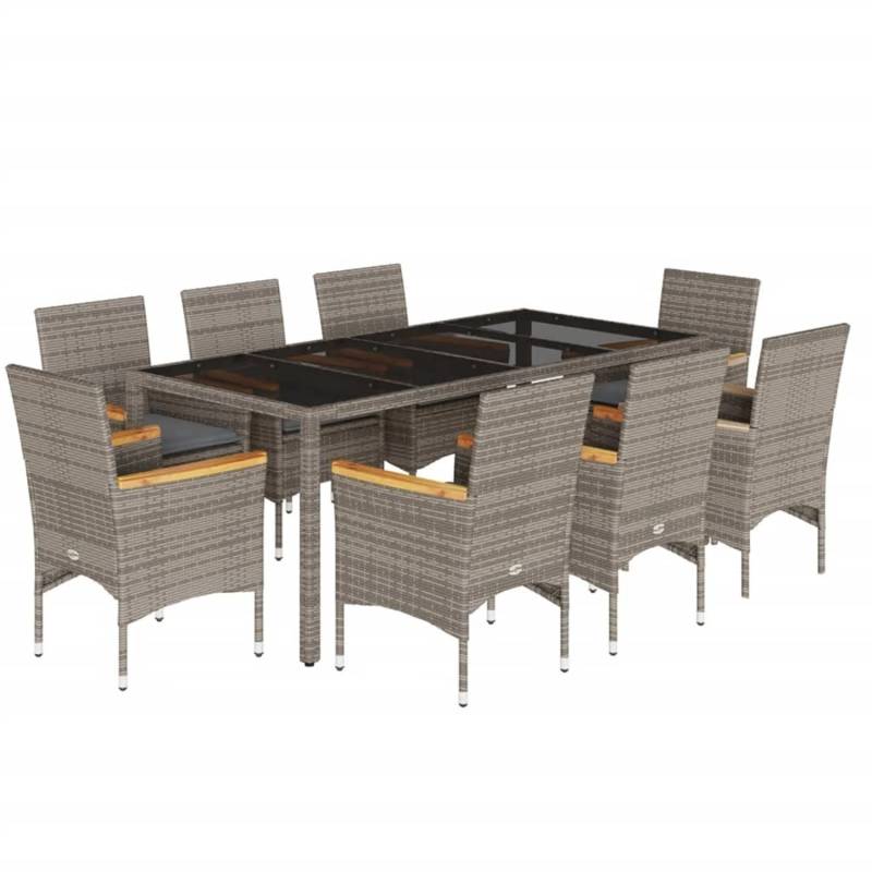 vidaXL 9-Tlg Garten-Essgruppe mit Kissen Grau Poly Rattan und Glas 3278656 von VIDAXL