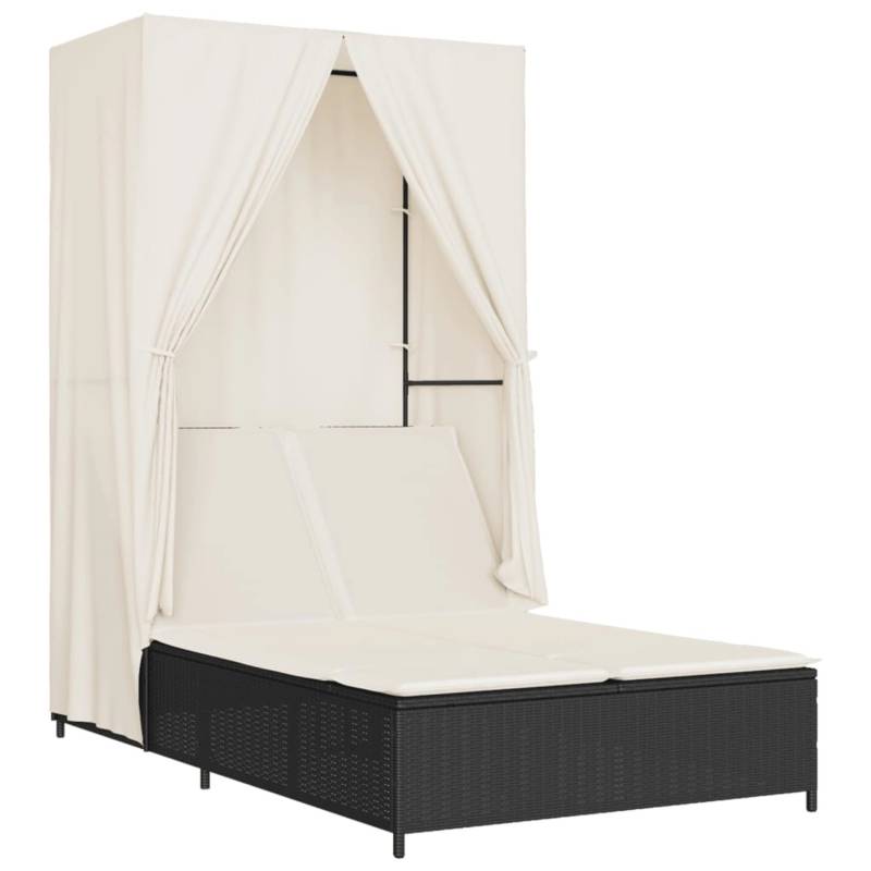 vidaXL Doppel-Sonnenliege mit Dach und Vorhängen Schwarz Poly-Rattan 368099 von VIDAXL