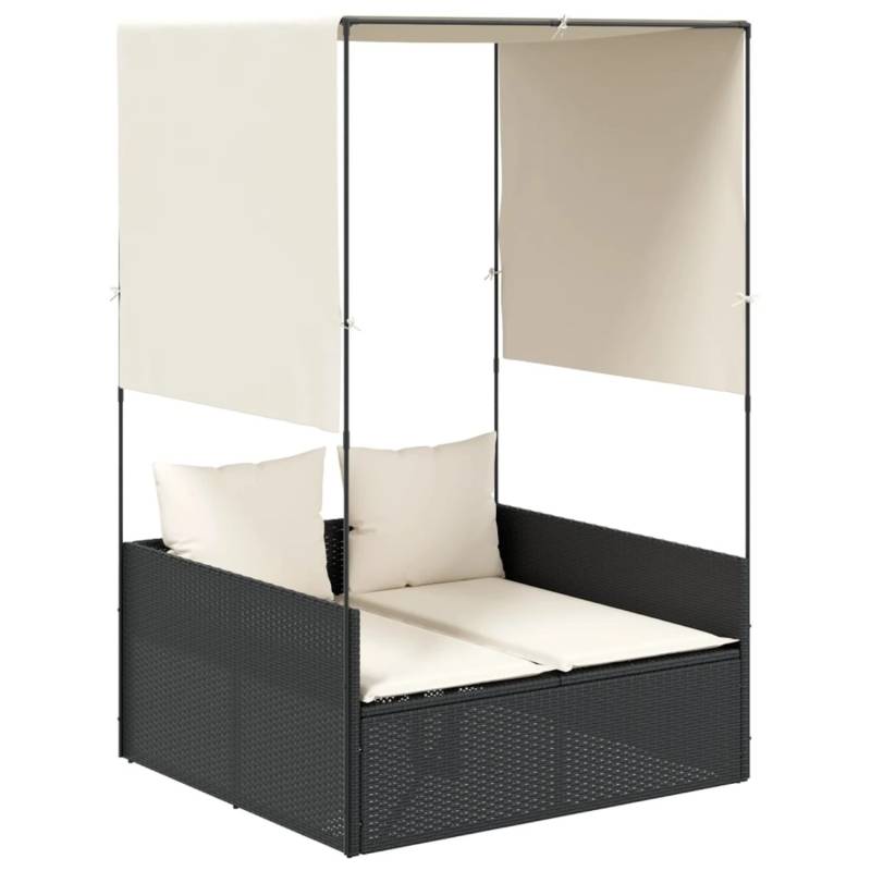 vidaXL Doppel-Sonnenliege mit Dach und Vorhängen Schwarz Poly-Rattan 4002755 von VIDAXL