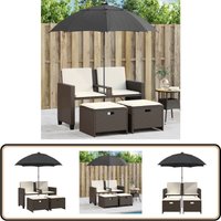 vidaXL Gartensofa 2-Sitzer Sonnenschirm und Hocker Braun Poly Rattan von VIDAXL