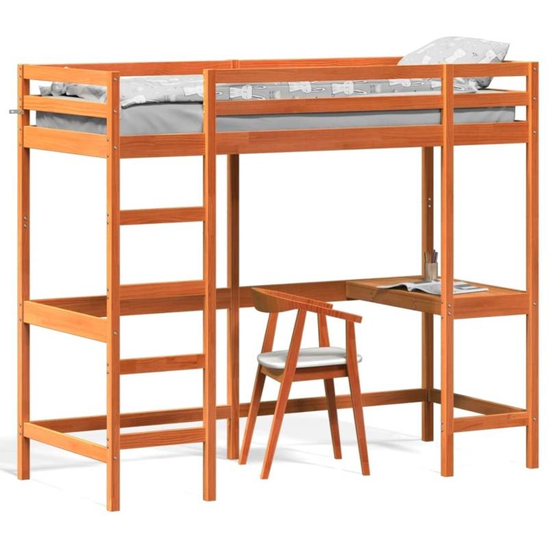 vidaXL Hochbett mit Schreibtisch Wachsbraun 75x190cm Massivholz Kiefer1945231 von VIDAXL