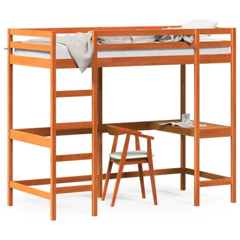 vidaXL Hochbett mit Schreibtisch Wachsbraun 90x200cm Massivholz Kiefer1945785 von VIDAXL