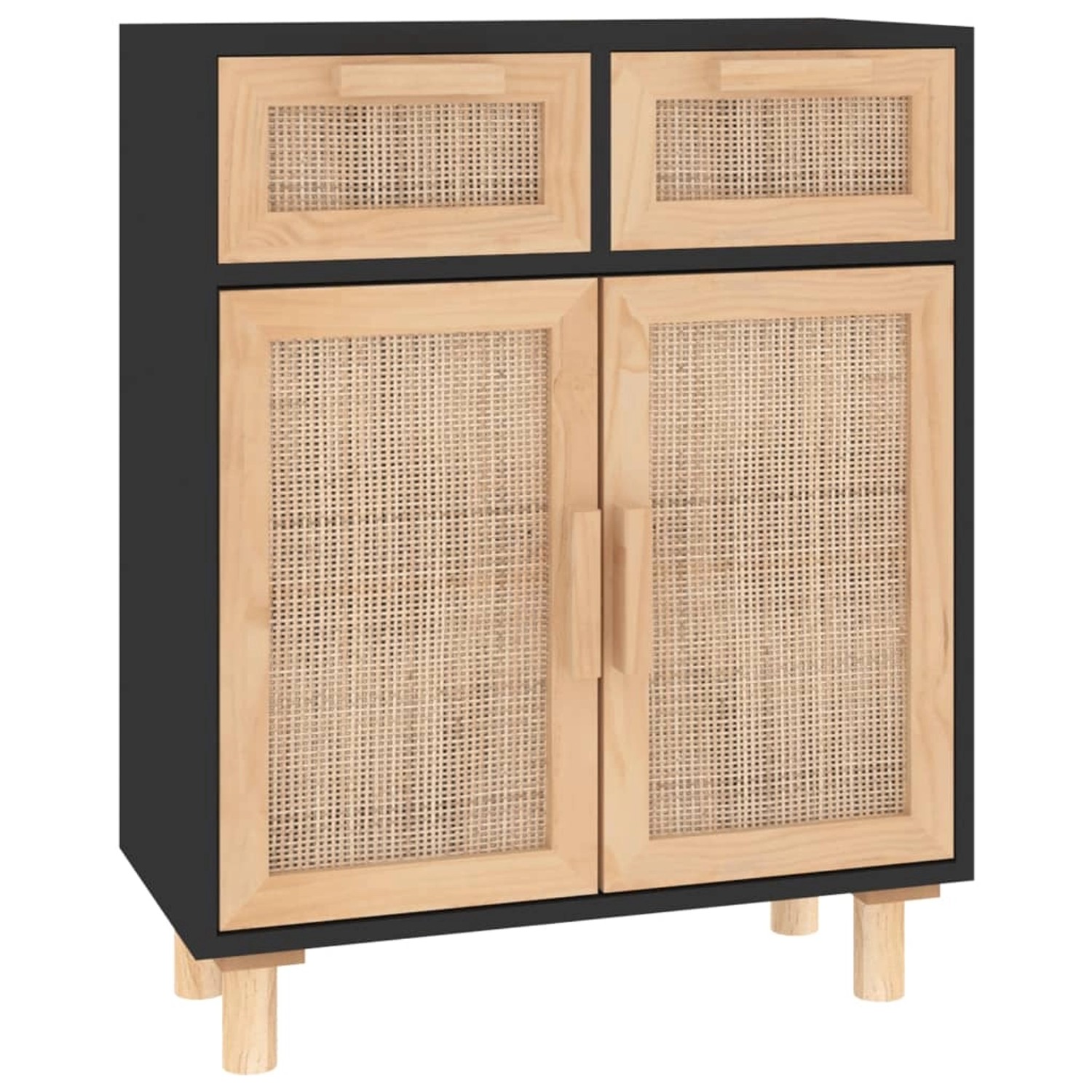 vidaXL Sideboard Schwarz 60x30x75cm Massivholz Kiefer und Natur-Rattan 345637 von VIDAXL