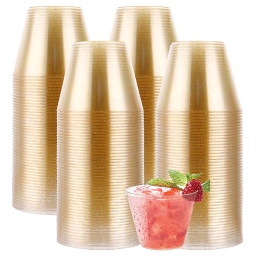 VIDETOL 150 Stück Hartplastik Becher, 270ml Partybecher mit Goldglitter, Transparent Plastikbecher für Party, Geburtstag und Hochzeiten von VIDETOL