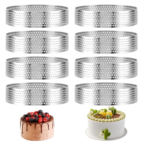 VIDETOL 8 Stück Mousse Tartelette Förmchen, 8cm Dessertringe, Runde Tortenring mit Löchern, Edelstahl Mousse Ring für Kochen Backen von VIDETOL