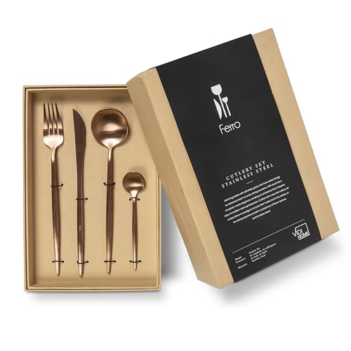 VIDI Ferro Besteckset in Polierter Roségold | 24-teiliges Hochwertiger Besteck Set 6 Personen | Rostfrei und Spülmaschinenfest Bestecksets | Löffel Gabeln und Messer Besteckset von VIDI