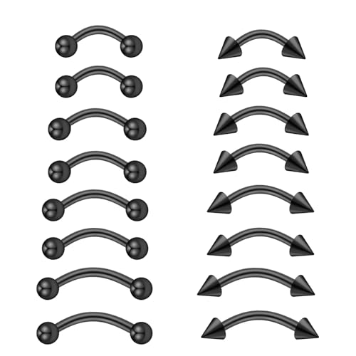 VIDSTW 16 Stück Piercing Set, Edelstahl Augenbrauen Piercing, Lippenpiercing Körper Piercing, Pircingssets Ohr Gebogenes Stabdesign, für Nase Ohren Lippen Augenbrauen (Noir) von VIDSTW