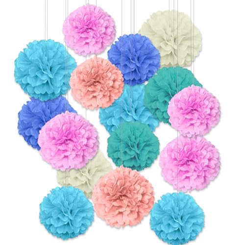 VIDSTW 16 Stück Pompons Deko Gartenparty Pfingstrose Party Deko Pompons 20 CM, 25 CM Papierblumen Aufhängbar Partydeko Bohème-Stil für Hochzeiten Geburtstagsfeiern Gartenpartys (6 Farben) von VIDSTW
