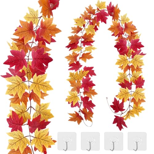 VIDSTW 2 Stück Herbst Girlande mit 4 Haken Girlande Herbst Herbstgirlande Herbst Deko Blätter Girlande Herbst Herbstdeko Innen für Schmücken Halloween Thanksgiving Weihnachten (3 Arten Blättern) von VIDSTW