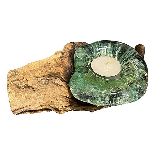 VIE Naturals Einzelner Teelichthalter aus Geschmolzenem Glas auf Balanesischem Gamal Holz, 15 cm Länge, UK-VN0626-1-TEALIGHT-HOLDER-SINGL, Natürlich von VIE