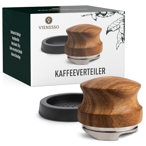 VIENESSO Distributor zur Extraktion des Kaffeepucks - Barista Kaffeeverteiler für Siebträger mit einstellbarer Höhe I Hochwertige Verarbeitung aus Edelstahl und Holz- inkl. Ablage I Tamper (53 mm) von VIENESSO