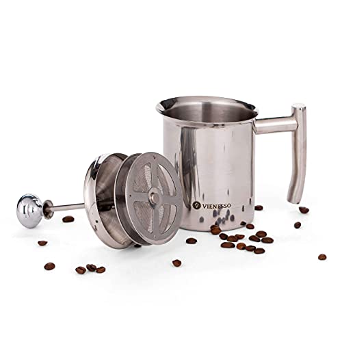 VIENESSO Hand Milchaufschäumer manuell aus Edelstahl mit Doppel-Mesh-Sieb I Milchschäumer für cremigen Milchschaum für Kaffeespezialitäten, Milk Frother inkl Barista E-Book (400 ml) von VIENESSO