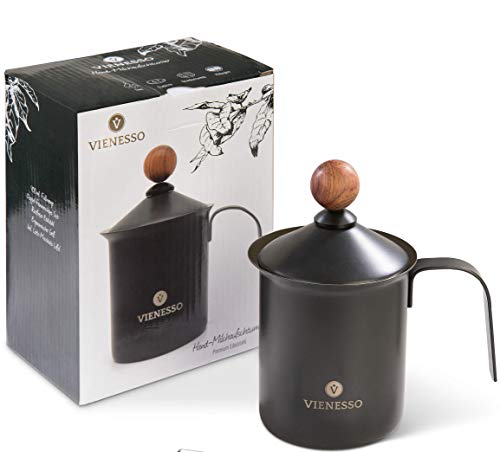 VIENESSO Milchaufschäumer (Manuell/Hand) aus Edelstahl - Milk Frother/Milchschäumer mit Doppelsieb: erzeugt cremigen Milchschaum für Kaffeespezialitäten, inkl. Barista E-Book (400 ml) von VIENESSO