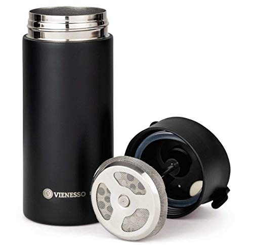 VIENESSO Thermobecher to go mit French-Press Funktion I 2in1 Vakuum Isolierbecher aus Edelstahl für unterwegs I Thermo Travel-Press | Mini Coffee-Maker 2Go, Travel Mug (schwarz, 300 ml) von VIENESSO
