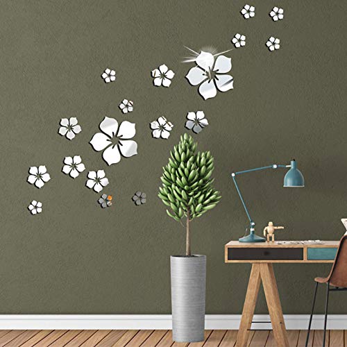 18 Stück 3D Blumen Spiegel Wandaufkleber Aufkleber für Schlafzimmer Wohnzimmer Wanddeko Silber von VIERSHU