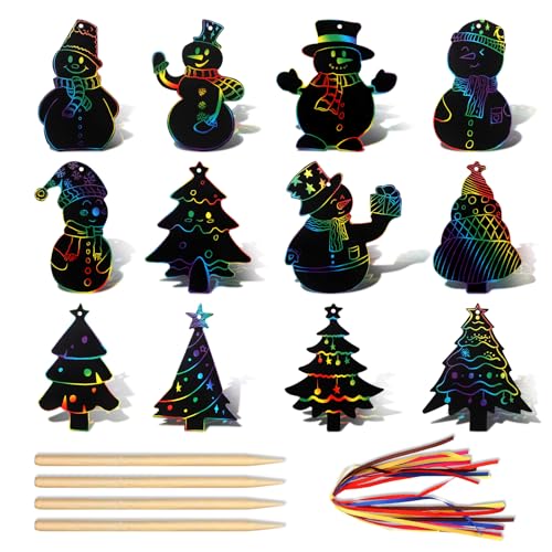 VIEVRE 12 Stücke Kratzbilder für Kinder, Weihnachts Kratzbuch Set, Kinder Kratzbuch Mädchen, für Kinder Regenbogen Kratzpapier Set, Christbaumschmuck, für Kind DIY Weihnachtsschmuck von VIEVRE