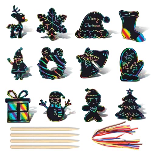 VIEVRE 12 Stück Weihnachten Kratzbilder für Kinder, Weihnachts Kratzbuch Set, Weihnachtsdeko Regenbogen Kratzpapier zum Basteln, Regenbogen Scratch Art Set für Winter Deko Party Mitgebsel Geburtstag von VIEVRE