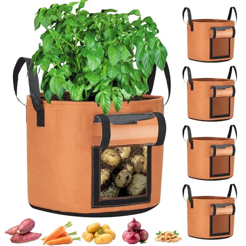 40 L 5er Pack Kartoffelsack aus Stoff,Pflanzsack mit Griff und transparentem Fenster,Wiederverwendbare Pflanztasche für Kartoffeln,Tomaten,Zwiebel,Gemüse,Verdickter und Belüfteter Gartentopf,Braun von VIEWALL