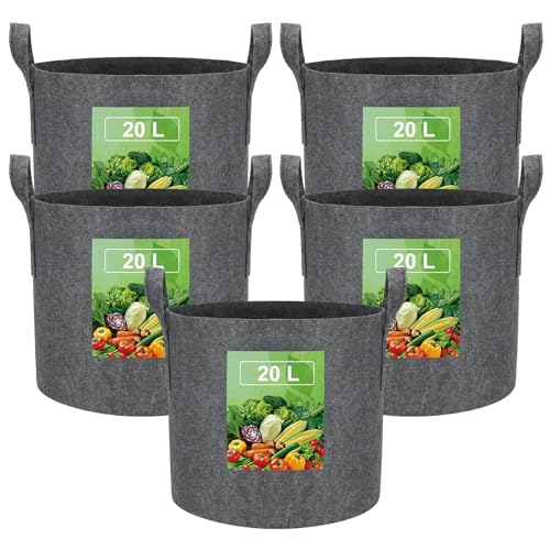 VIEWALL 20 L Pflanzsack aus Stoff,Kartoffelsack mit Griff, Wiederverwendbare Pflanztasche für Den Anbau von Kartoffeln, Tomaten,Gemüse,Blumen,Verdickter und Belüfteter Gartentopf, 5 Stück,Grau von VIEWALL