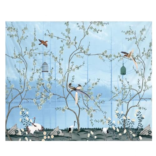 VIFERR Große Wandteppiche Böhmische Blaue Blumen und Vögel Wandbehang Bettwäsche Tapisserie(150 * 150cm) von VIFERR