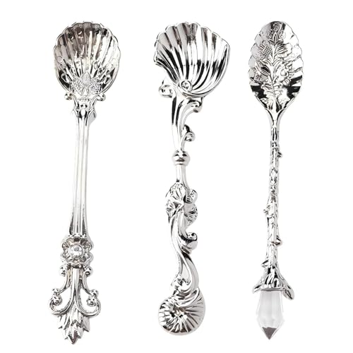 VIFERR Vintage Kaffeelöffel 3er Set, Dessertlöffel Metall Geschirr Löffel Besteck Kaffee Rührlöffel Teelöffel für Zucker Kuchen Suppe Küche Bar Party (Silber) von VIFERR