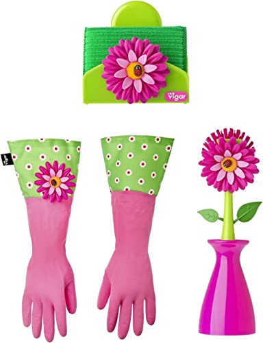 Vigar - 3-teiliges Küchenset - Handschuhe, Bürste mit Halter und Schwammhalter - 12,5 x 7,5 x 18 cm - Flower Power - Latexhandschuhe - Grün, Rosa von VIGAR