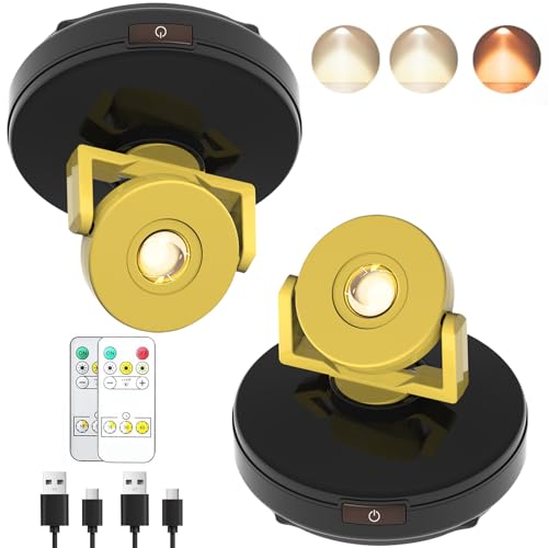 VIGMOJ Spot Lampe LED drahtloser Deckenstrahler mit Fernbedienung Puck Licht Leselampe Timer, Batteriebetriebenes Bildlicht mit rotierendem Lichtkopf für Wandmalerei Dartboard, Packung von 2 von VIGMOJ