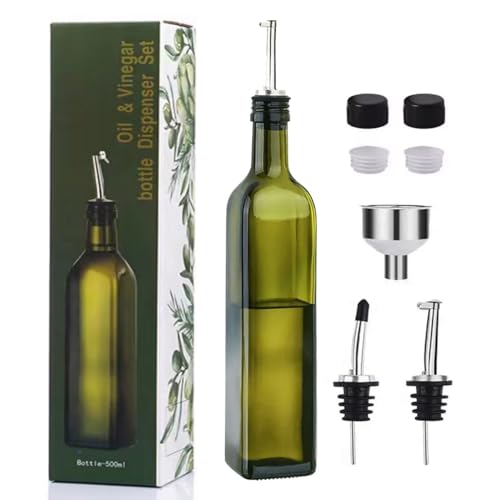 VIGOR PATH Ölspender aus Glas, 500 ml Fassungsvermögen, Öl- und Essigflasche mit Ausgießern, Trichter und Verschlusskappen, eleganter Dekanter für die Küche, Grün von VIGOR PATH