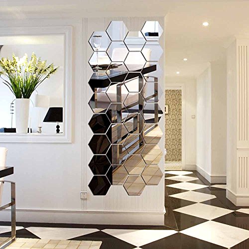 12 Stück Spiegelfliesen Selbstklebend, VIGORFUN Hexagon Spiegel Wandspiegel zum Wanddekoration (12 Stück, Silber) von VIGORFUN